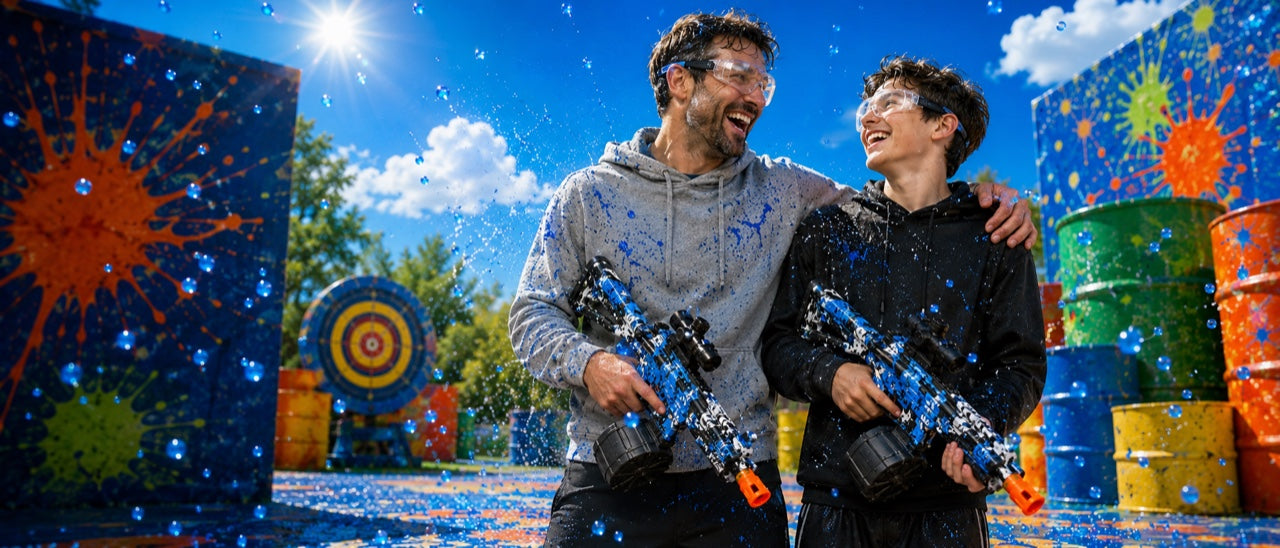 Gel blaster in action during an outdoor battle
